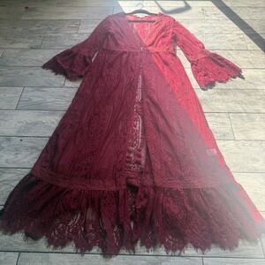 Womens L Maxi Lace Cardigan Burgundy Duster Bell Sleeve Whimsigoth Boho Fairy